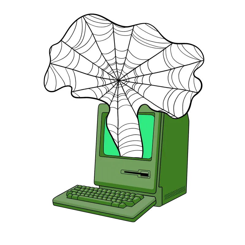 An illustrated vintage computer connected to an expansive web